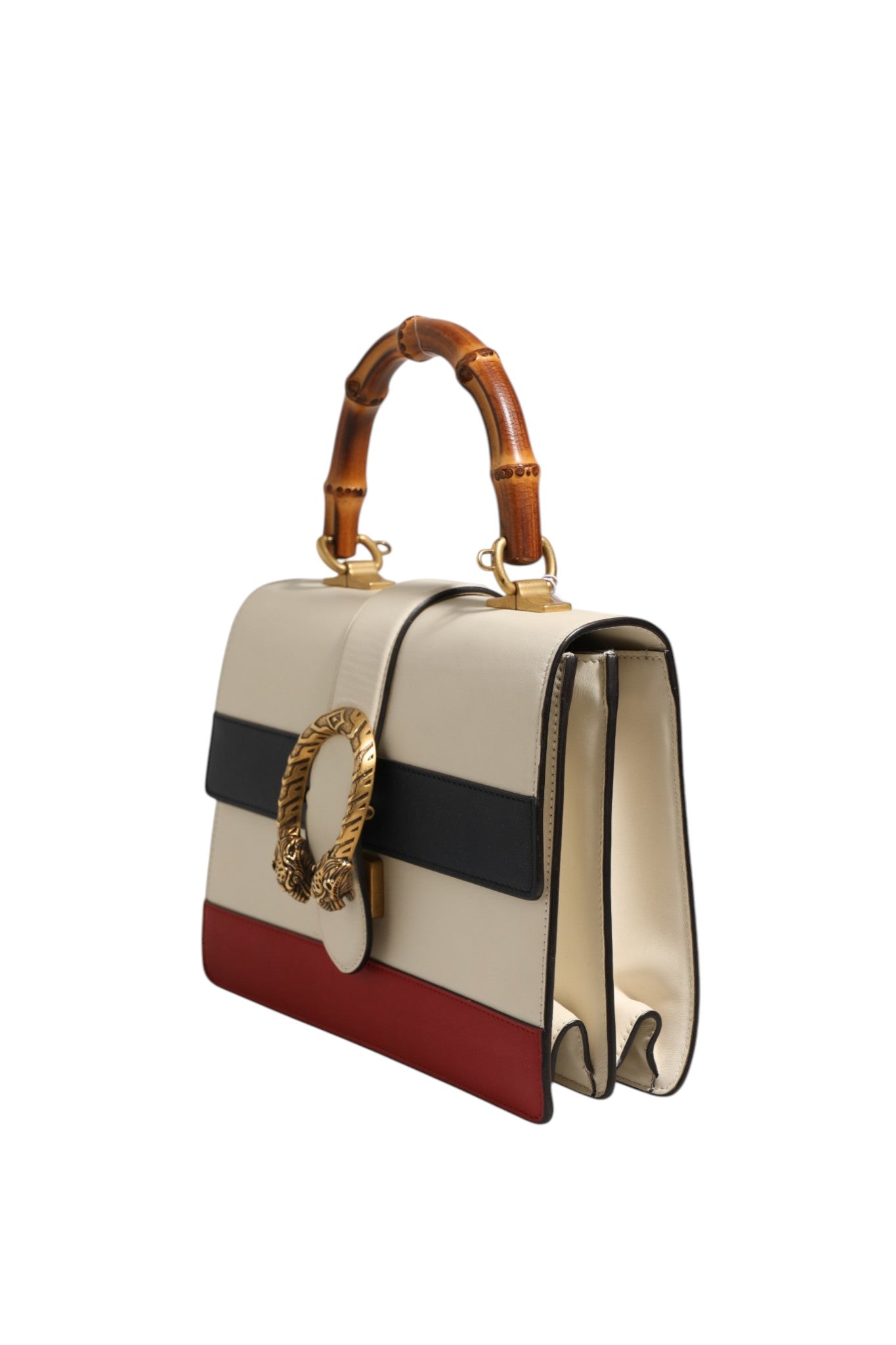 White Dionysus Bamboo Top Handle Leather Bag with Colorblock Details