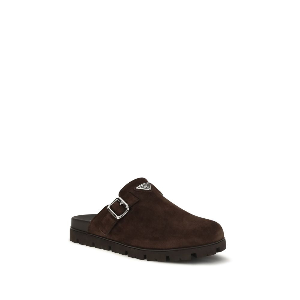 Brown Leather Mules with Metal Triangle Logo