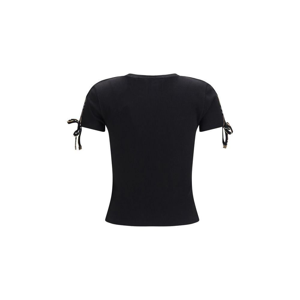 Schwarzes Baumwoll-T-Shirt mit geschnürten Ärmeldetails