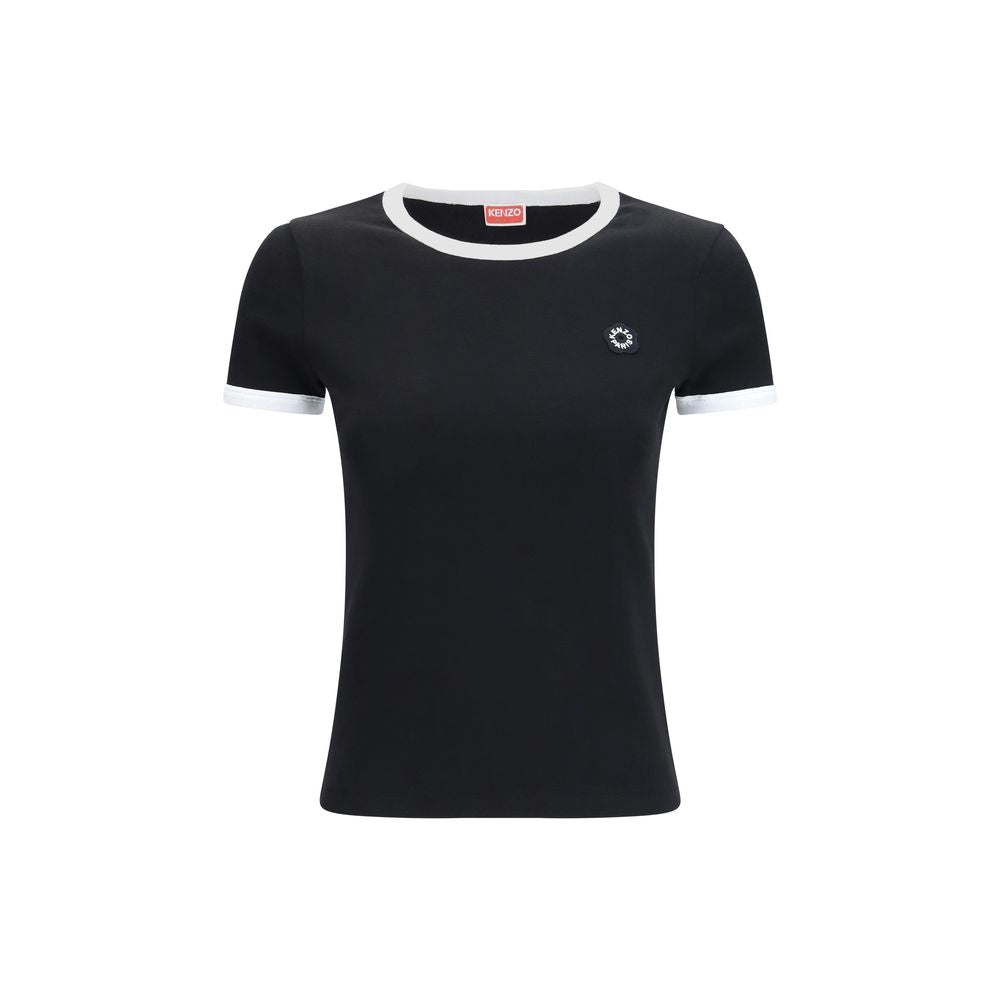 Schwarzes Baumwoll-T-Shirt mit Boke-Blumenstickerei