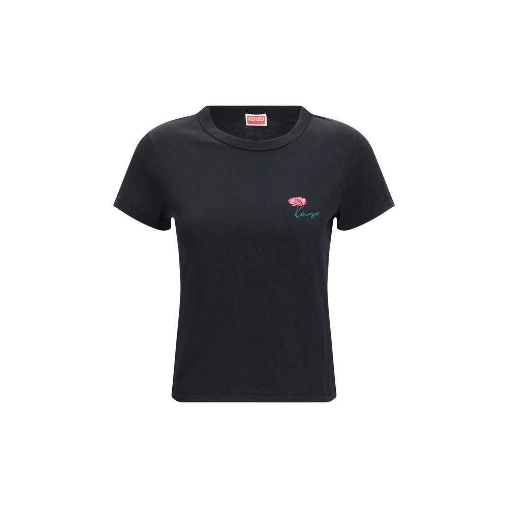 Schwarzes Baumwoll-T-Shirt mit Kenzo Tulpenstickerei