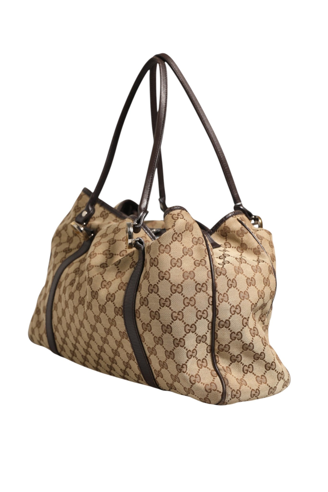 Beige and Black Leather Trim Medium Tote Bag