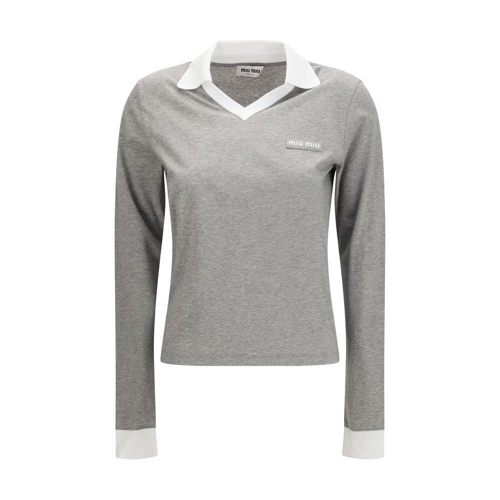 Gray Cotton V-Neck Long Sleeve T-Shirt