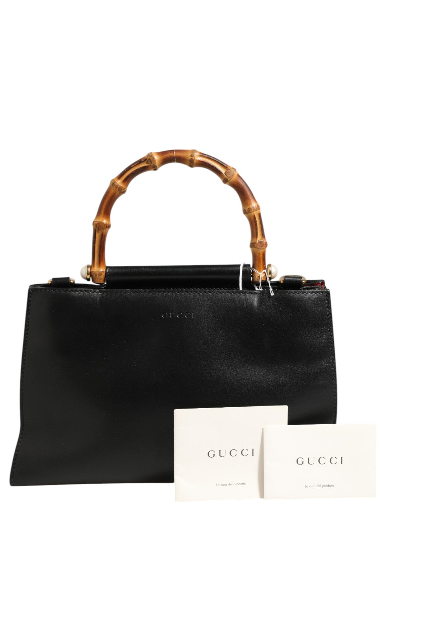 Black Leather Bamboo Top Handle Bag 30cm