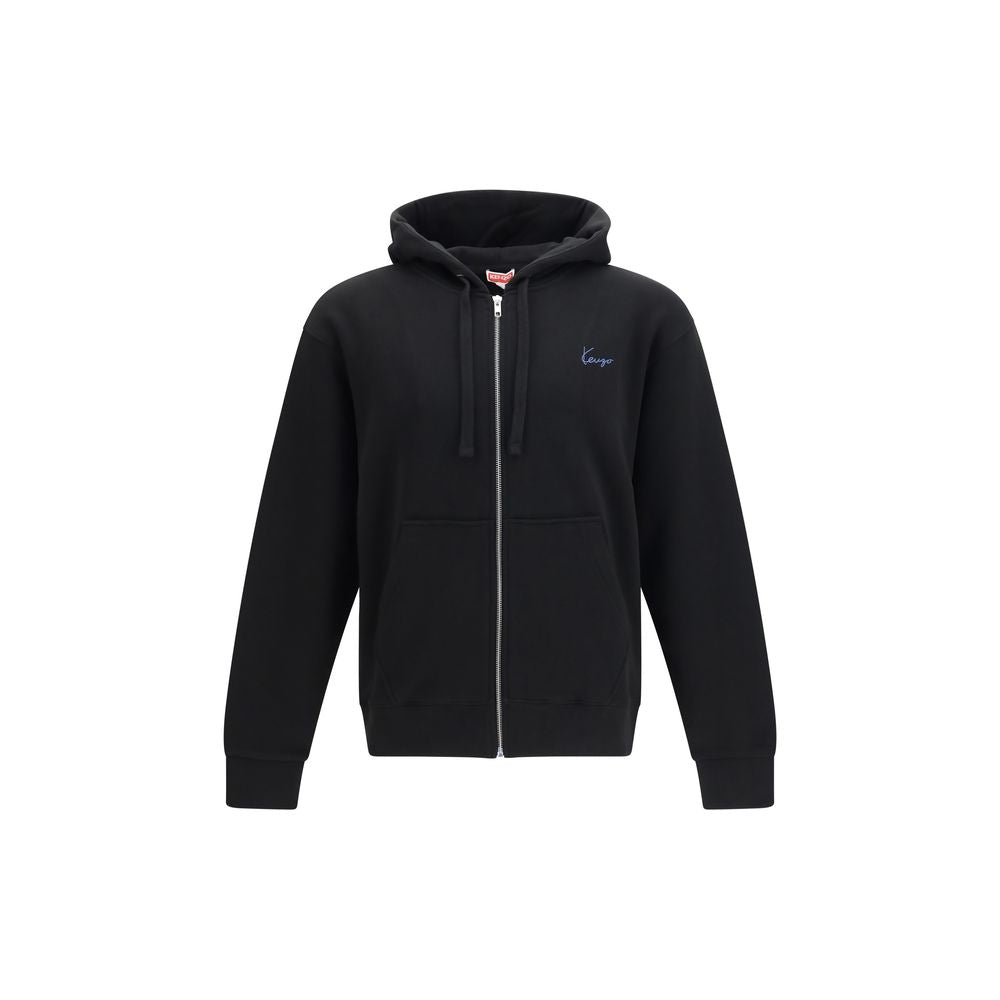 Schwarzer Baumwoll-Kapuzenpullover mit Reißverschluss und gesticktem Signature-Logo