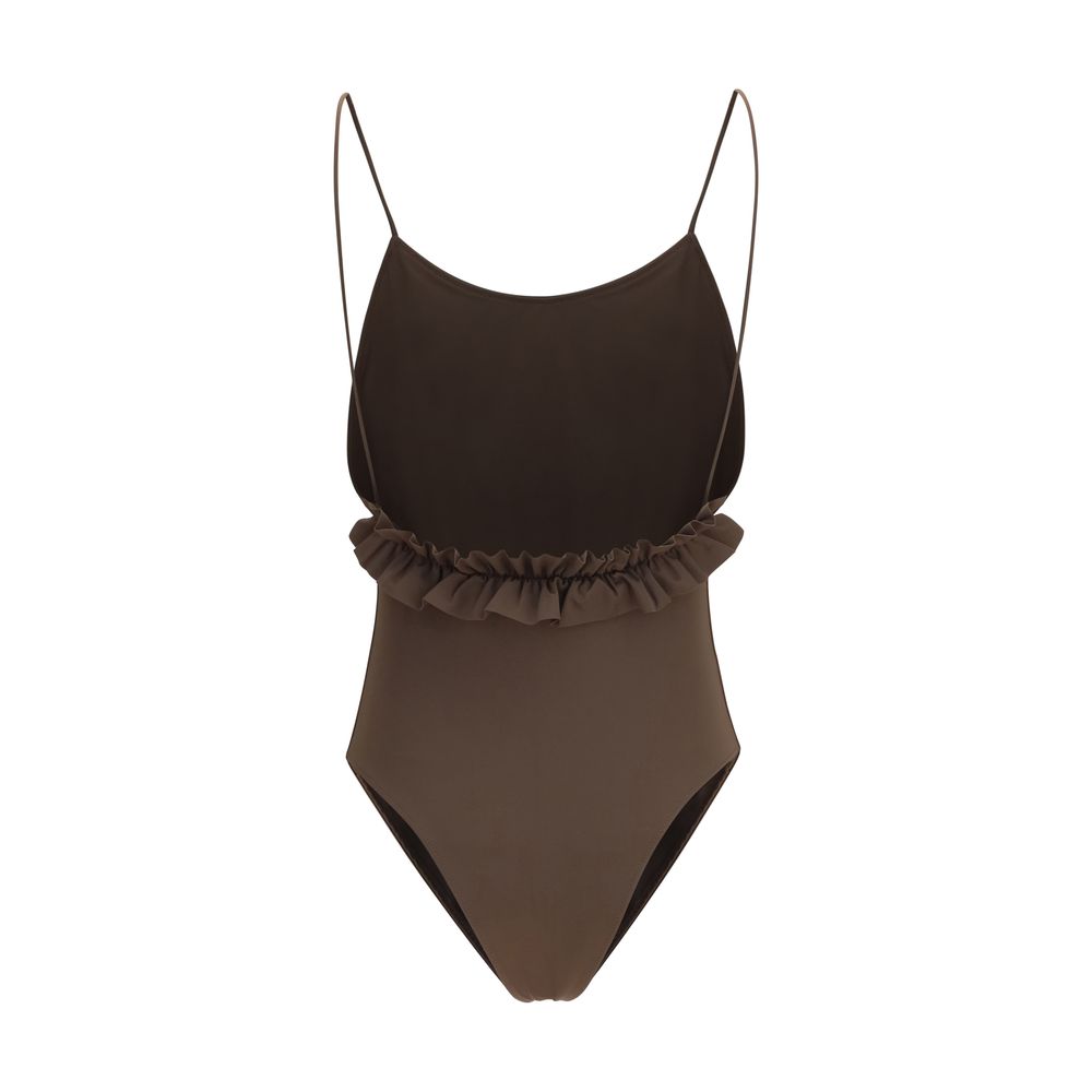 Brown Synthetic One-Piece Swimsuit with Ruffles