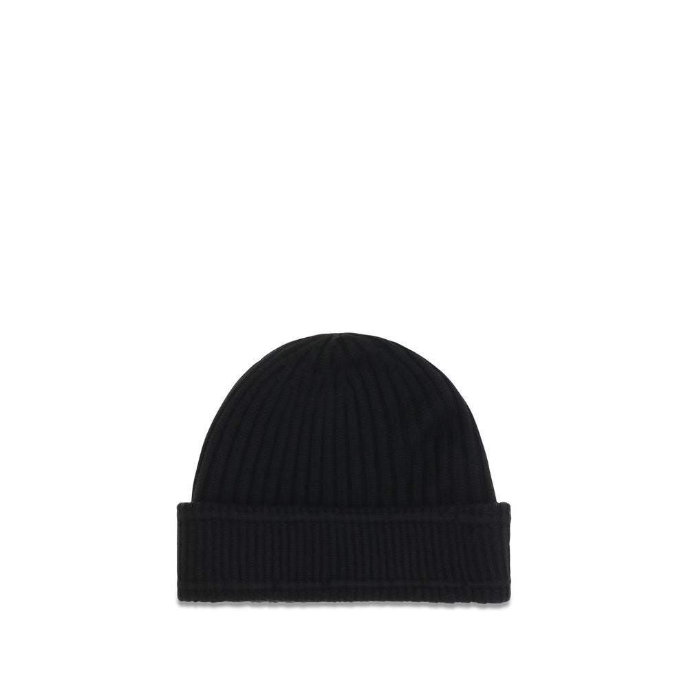 Black Wool Beanie with Logo Patch