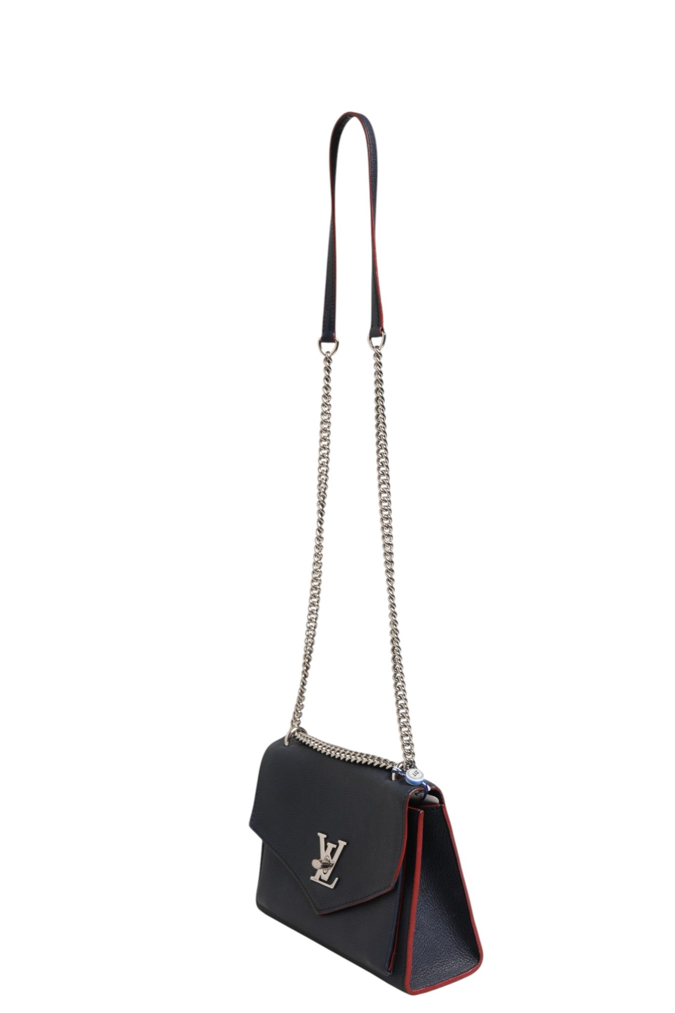 Navy Blue Leather Shoulder Bag with Chain by Mylockme