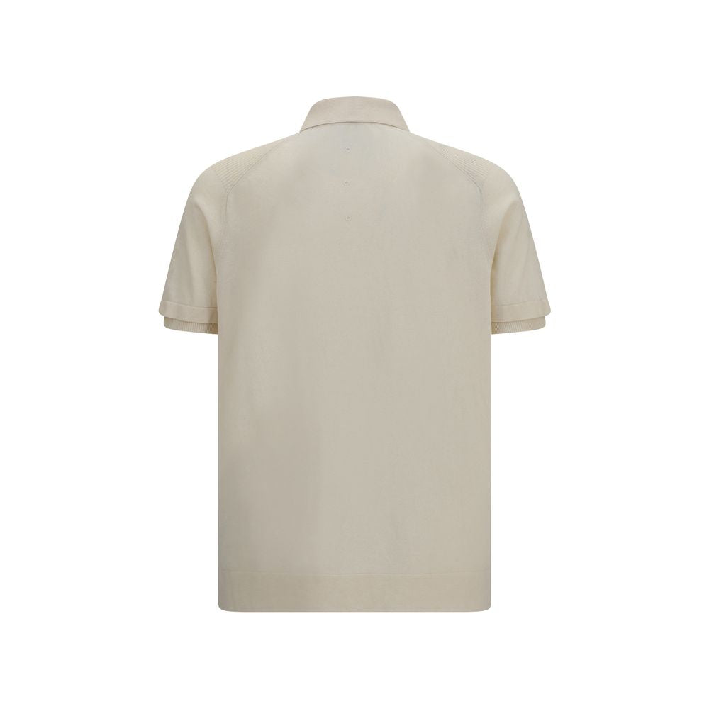 Beige Cotton Polo Shirt with Ribbed Collar and Asymmetric Hem