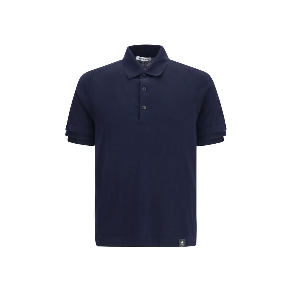 Blaues Baumwoll-Poloshirt mit geripptem Kragen und asymmetrischem Saum