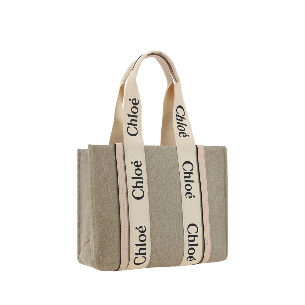 Beige Leinen-Schultertasche mit Lederbesatz