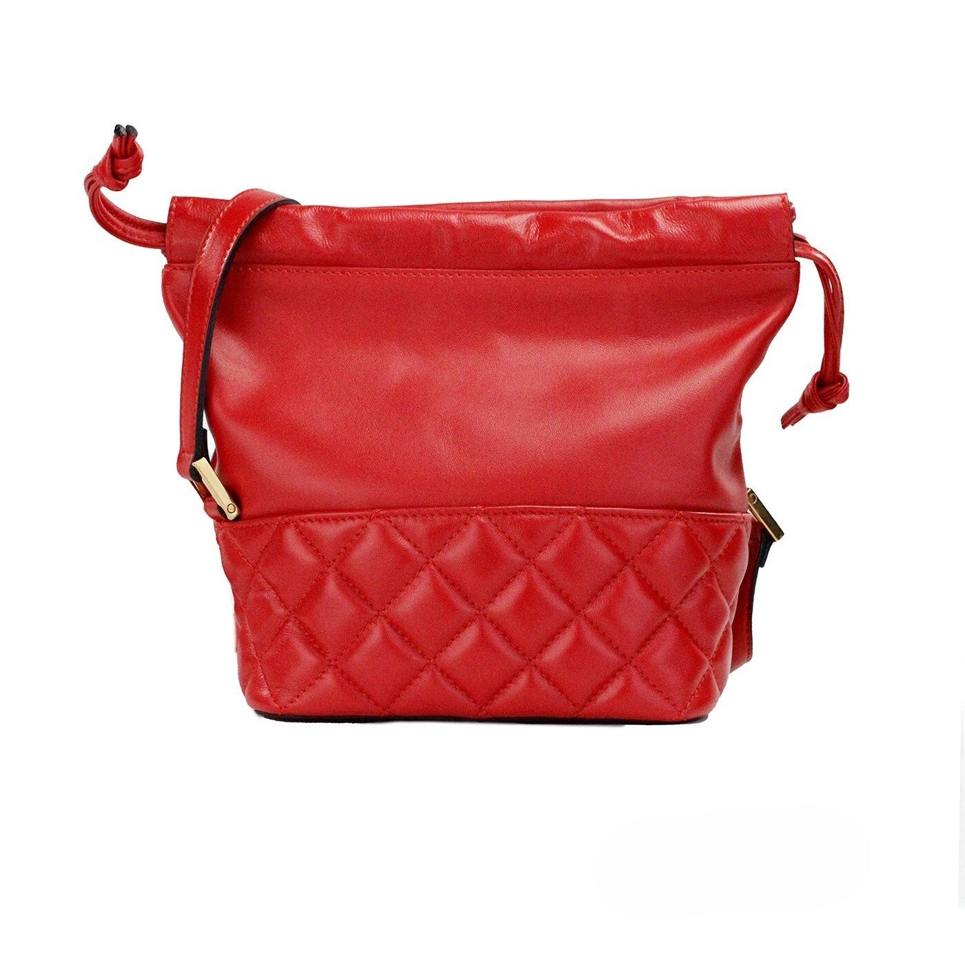 Red Leather Quilted Drawstring Bucket Bag by Versace