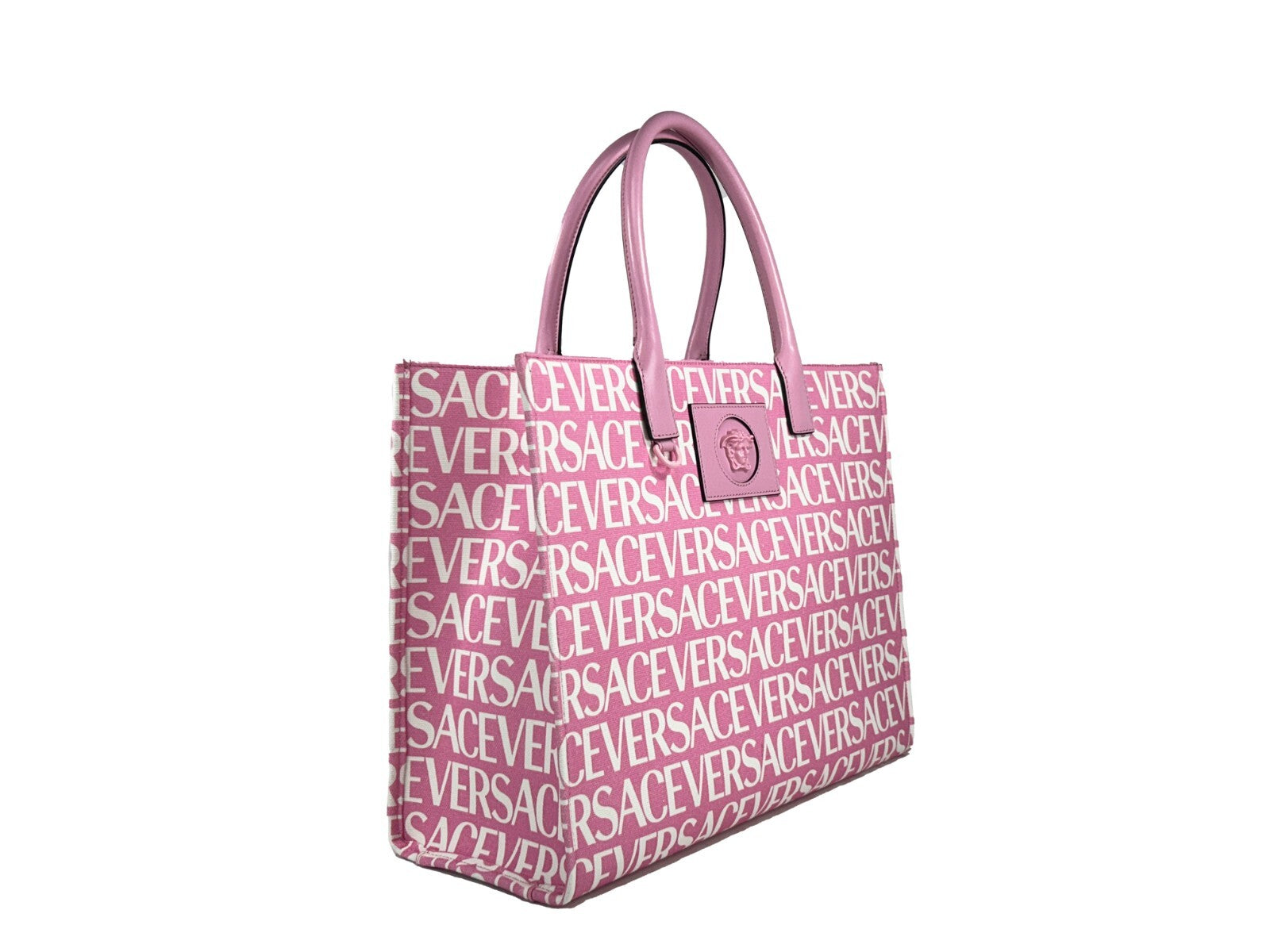Baby Pink Leather Trim Canvas Tote Bag by Versace