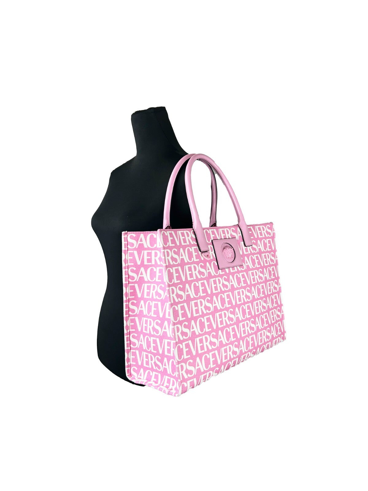 Baby Pink Leather Trim Canvas Tote Bag by Versace