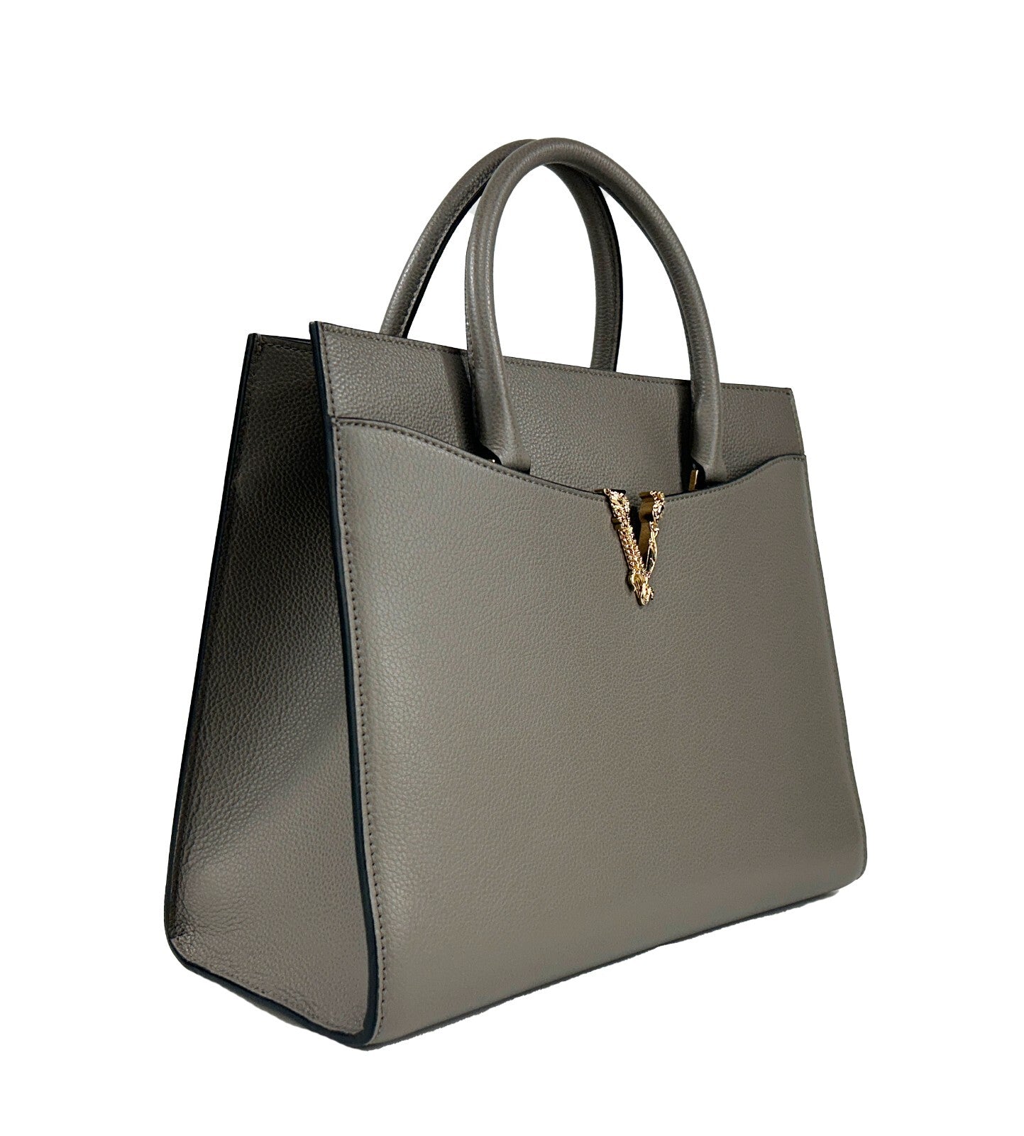 Gray Leather Versace Virtus Large Top Handle Satchel Tote
