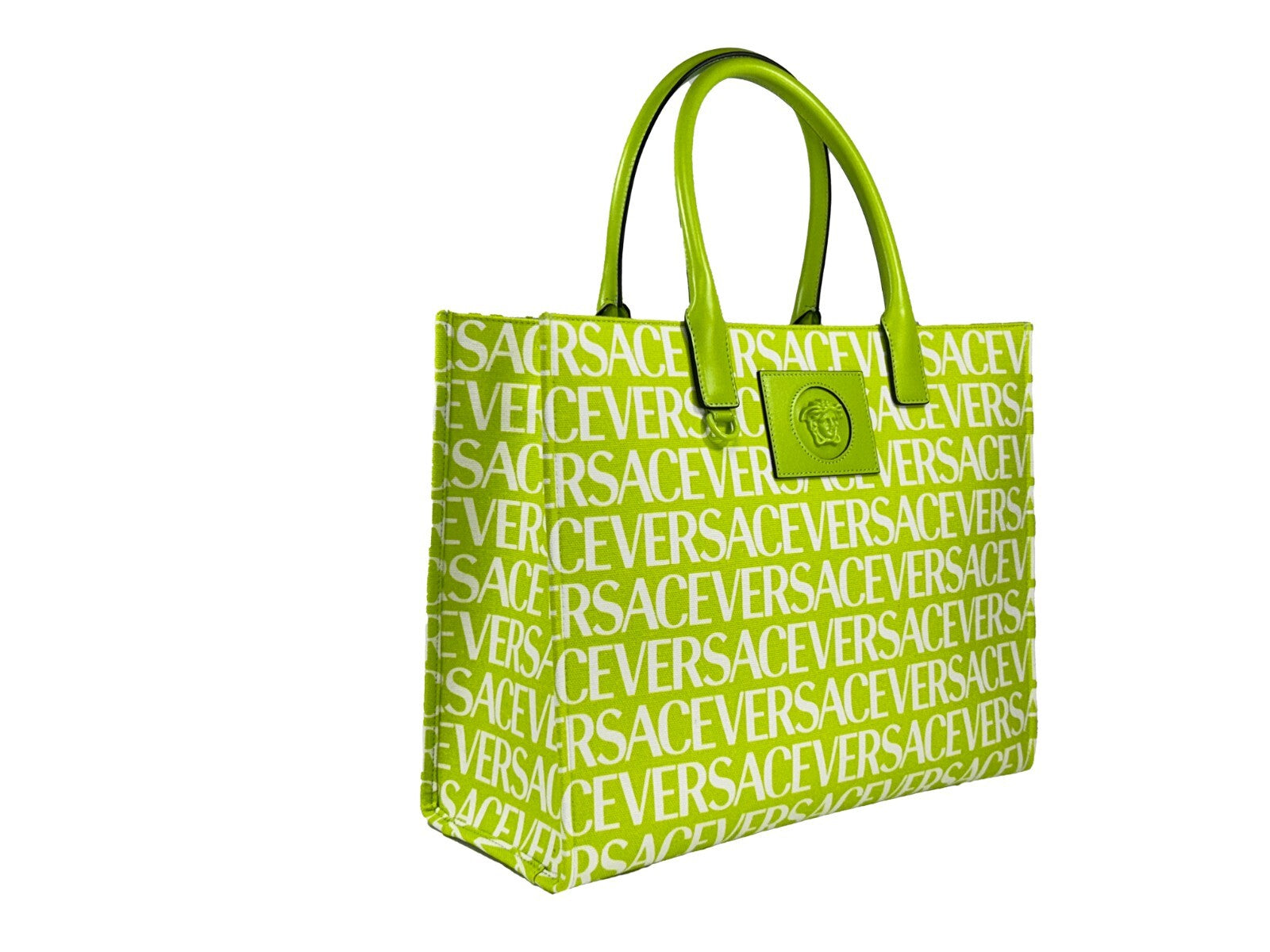 Green Leather Trim Canvas Tote Bag by Versace Medusa