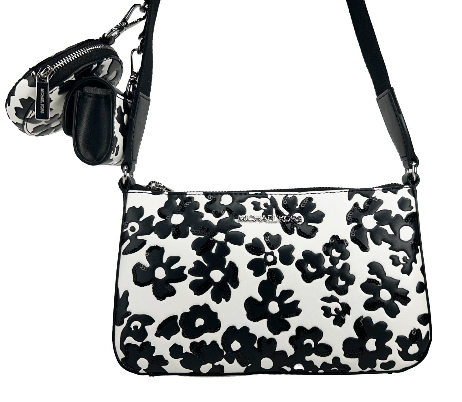 Schwarze Michael Kors Crossbody-Technik-Tasche aus Leder mit Blumenmuster