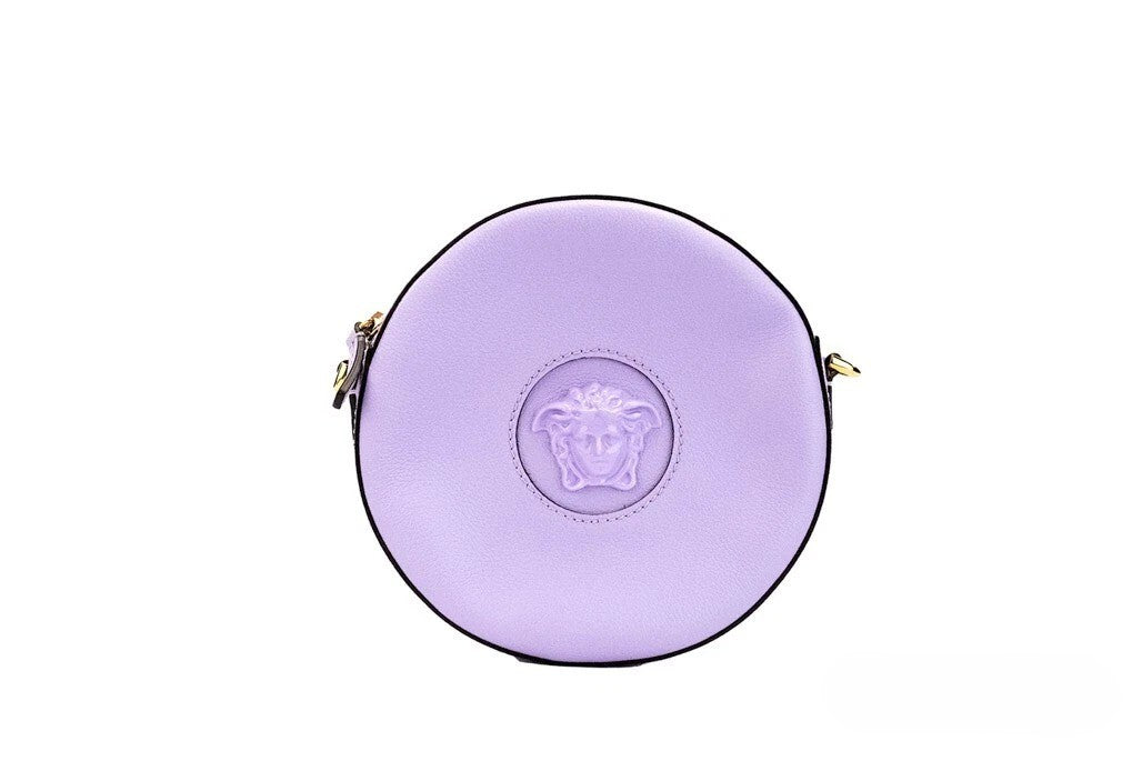 Lilac Leather Round Disco Camera Crossbody Bag by Versace