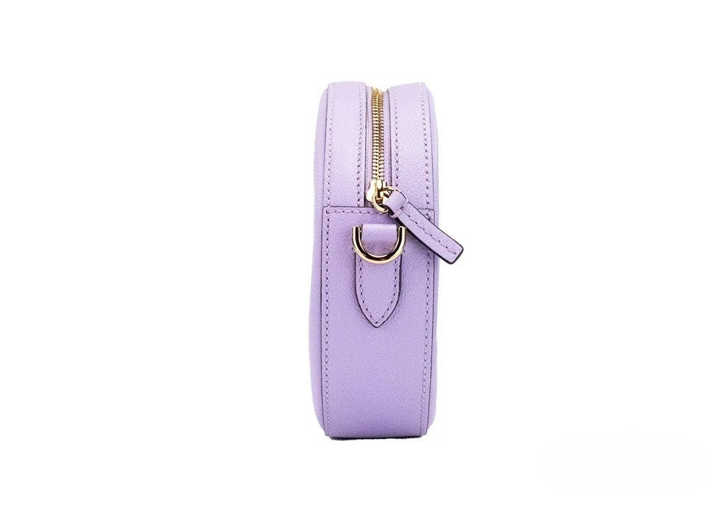 Lilac Leather Round Disco Camera Crossbody Bag by Versace
