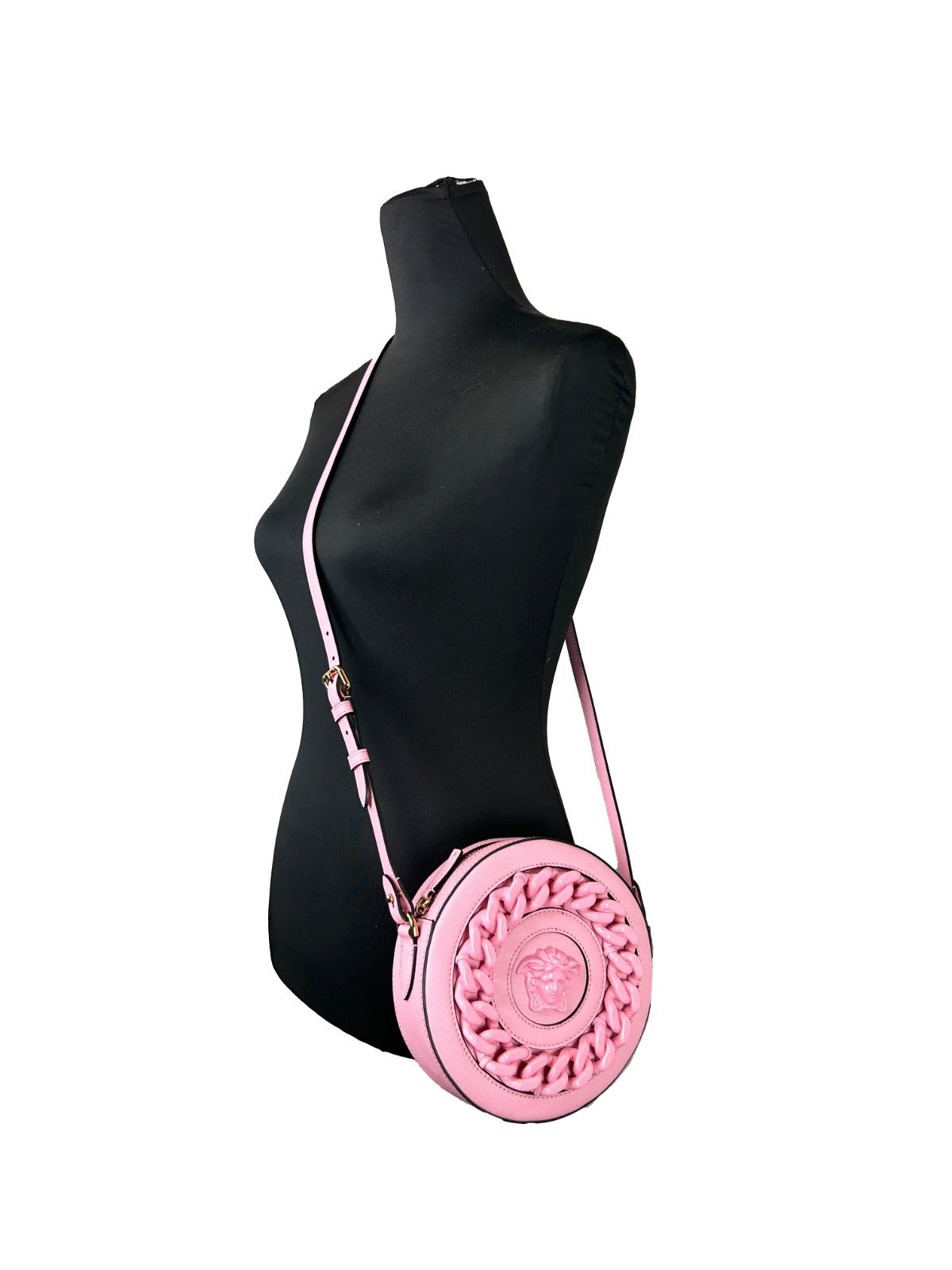 Baby Pink Leather Round Camera Bag with Crossbody Strap