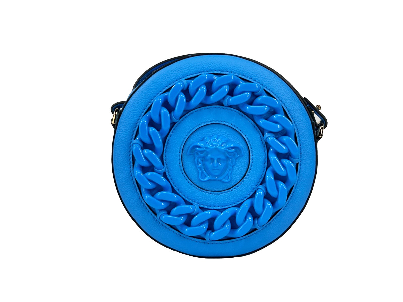 Blaue Versace Kamera-Umhängetasche aus Leder mit rundem Design