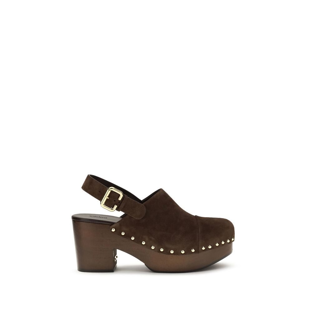 Brown Leather Wedge Clogs with Ankle Strap