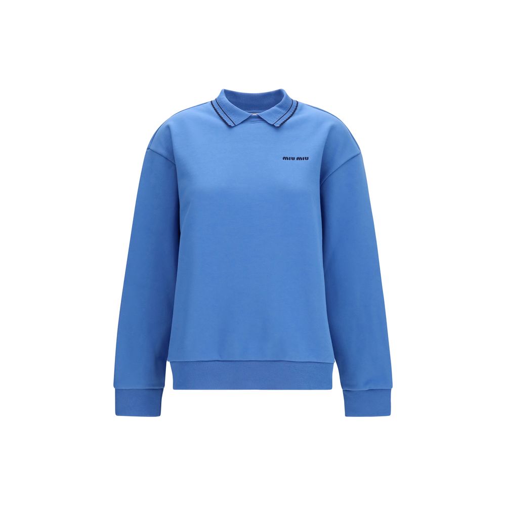Blue Cotton Sweatshirt with Embroidered Logo and Collar