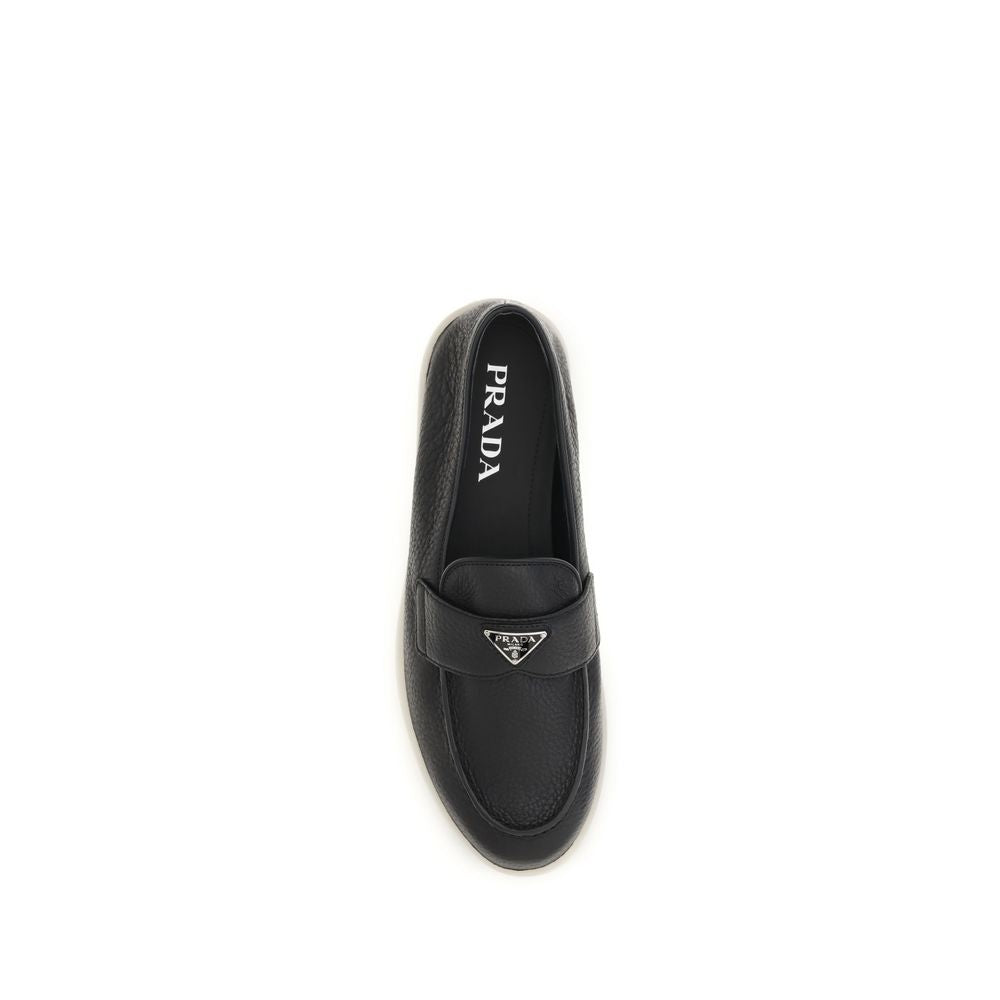 Black Leather Loafers with Logo Detail by Prada