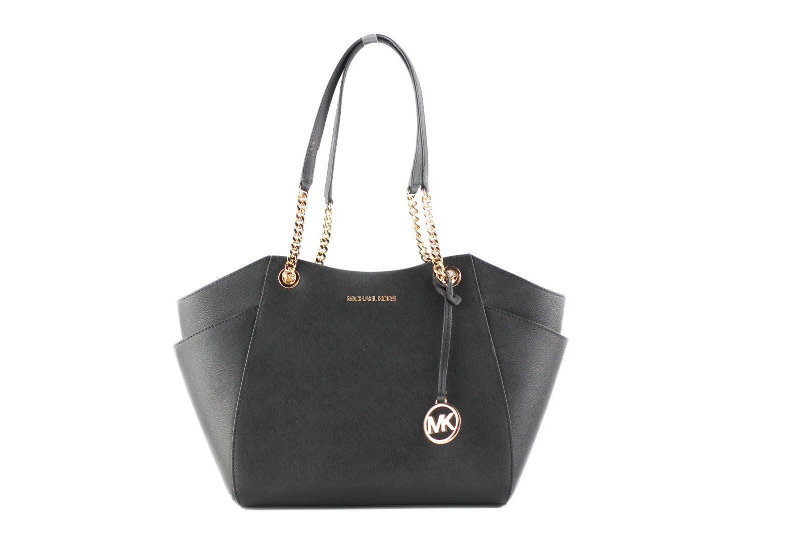 Schwarze Leder Jet Set Große Schultertasche mit Kettendetail