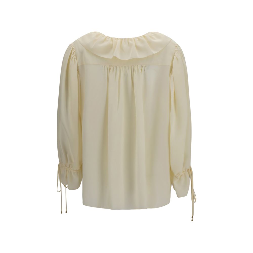 Beige Seidenbluse mit gerafftem V-Ausschnitt und Bindemanschetten