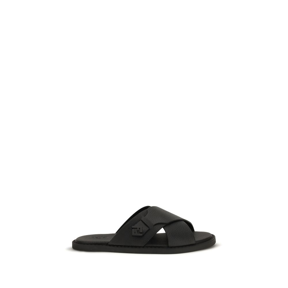 Fendi Black Calf Leather Flat Sandals