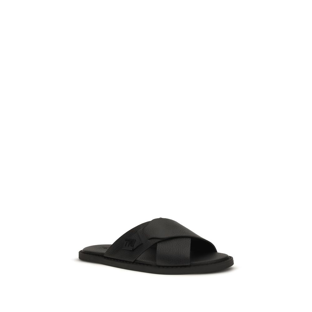 Fendi Black Calf Leather Flat Sandals