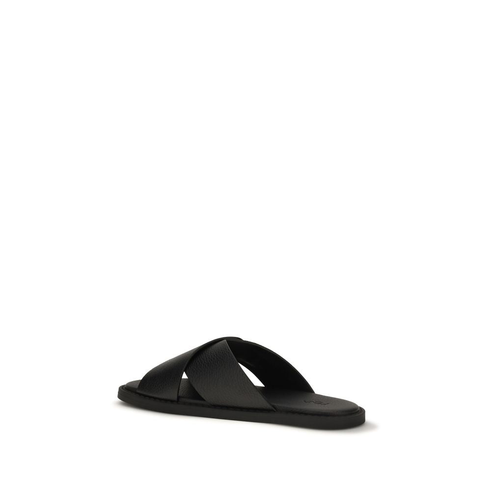 Fendi Black Calf Leather Flat Sandals