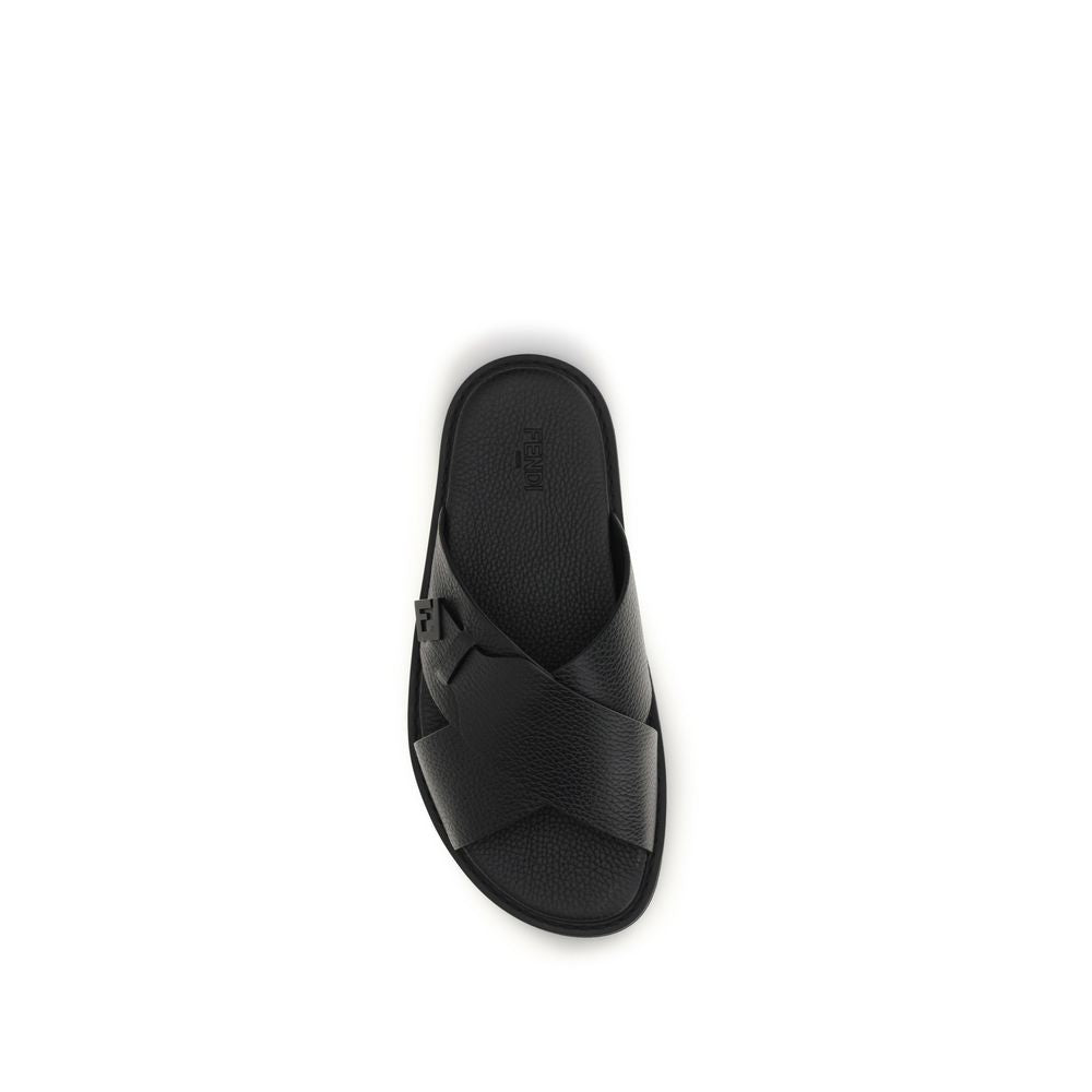 Fendi Black Calf Leather Flat Sandals