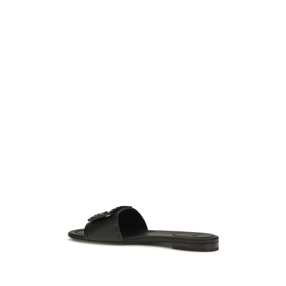 Black Leather Flat Sandals with FF Baguette Detail