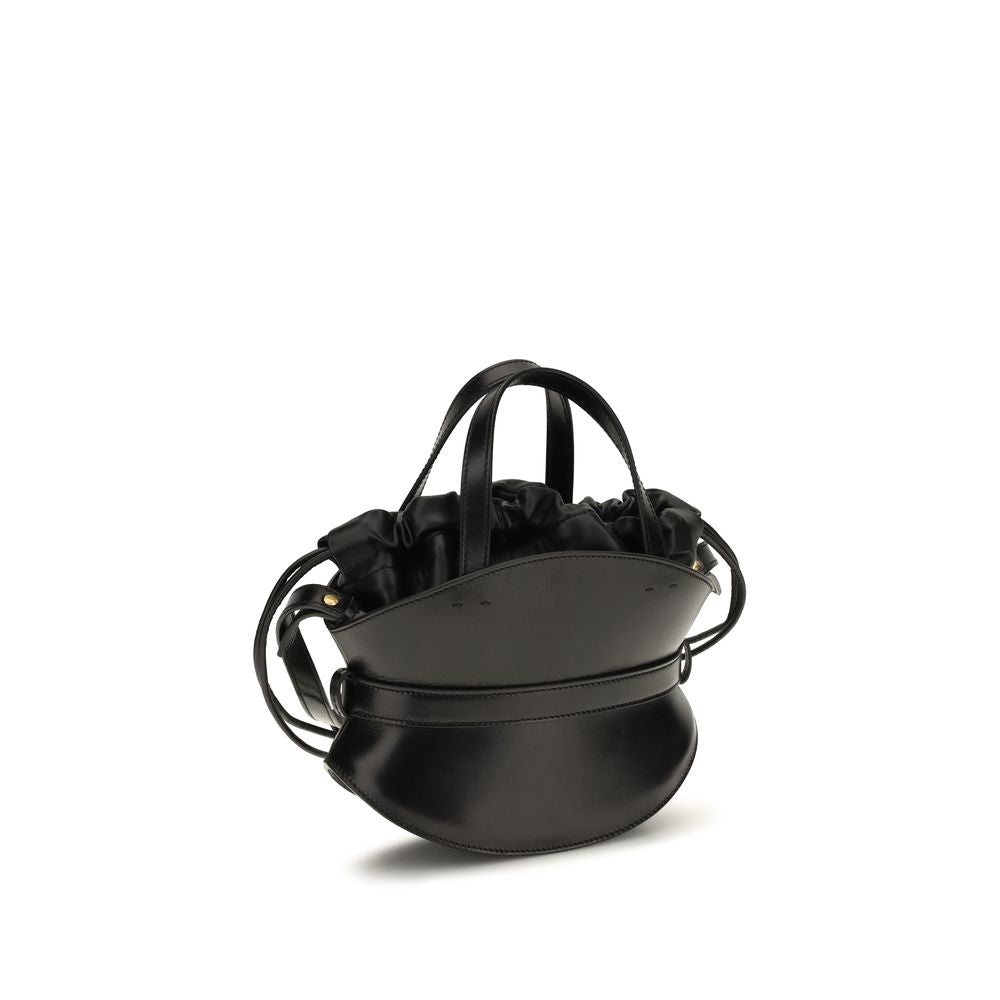 Black Leather Shuffle Mini Shoulder Bag with Drawstring Closure