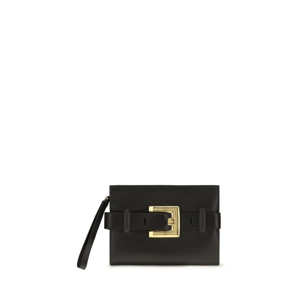 Schwarze Leder-Clutch mit goldfarbener Schnalle