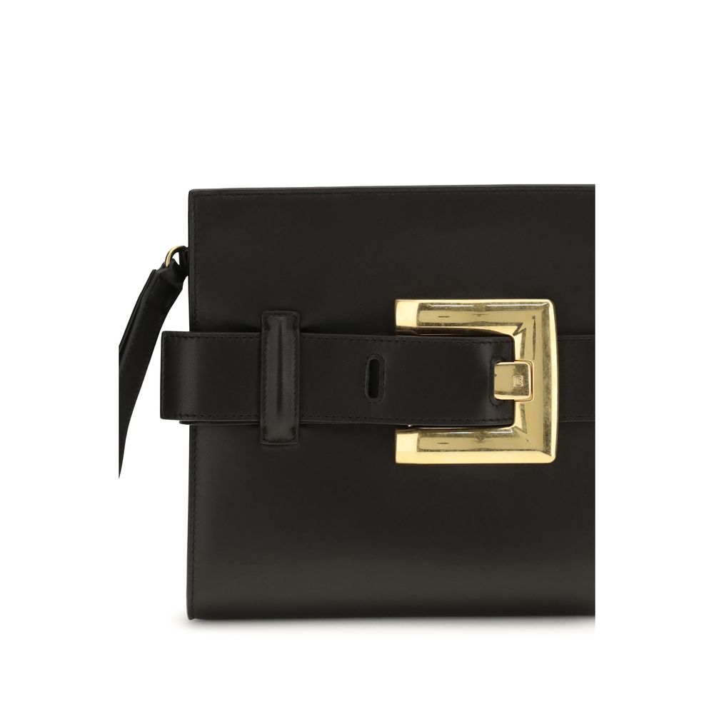 Black Leather Clutch Bag with Gold-Tone Buckle