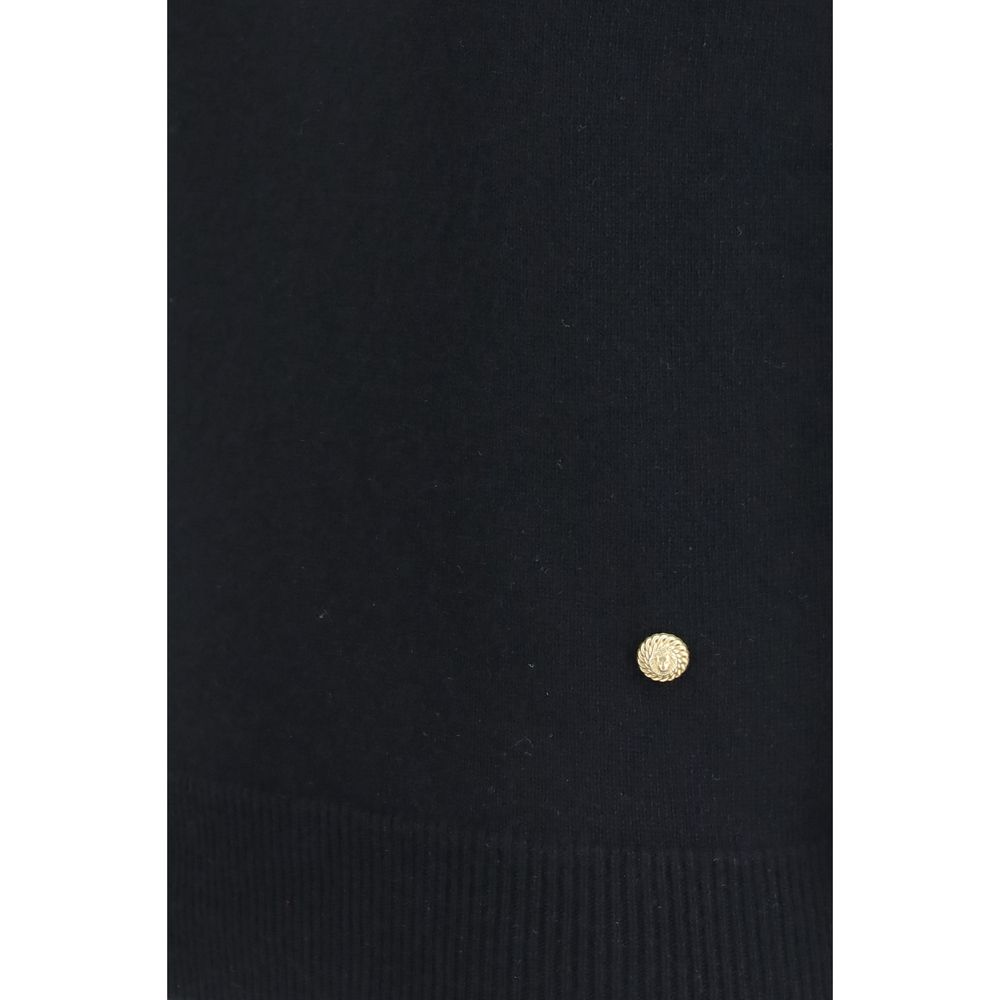 Black Wool Sleeveless Sweater with Gold Logo Button