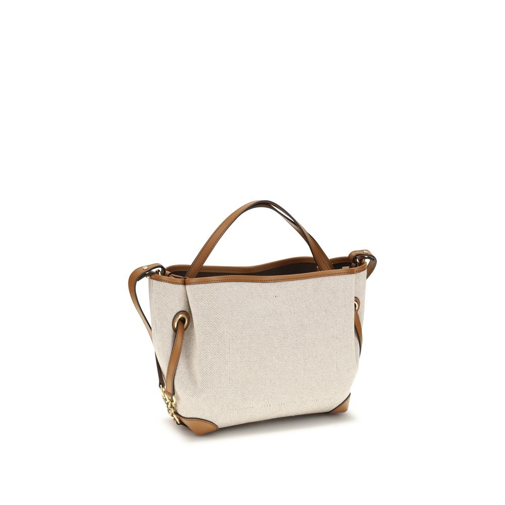 Beige Cotton Fabric Handbag with Leather Details