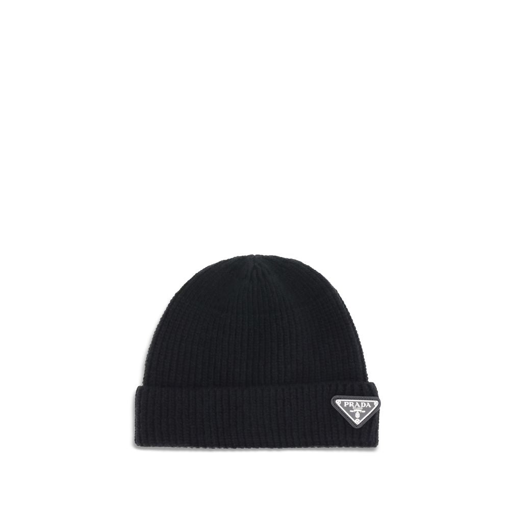 Schwarze Wollmütze mit Prada-Logo-Plakette