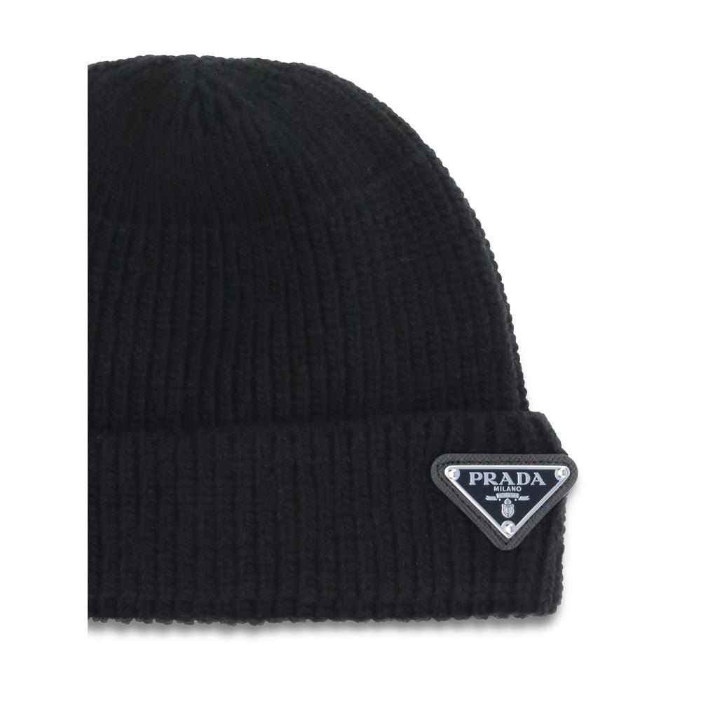 Black Wool Beanie with Prada Leather Logo Plaque