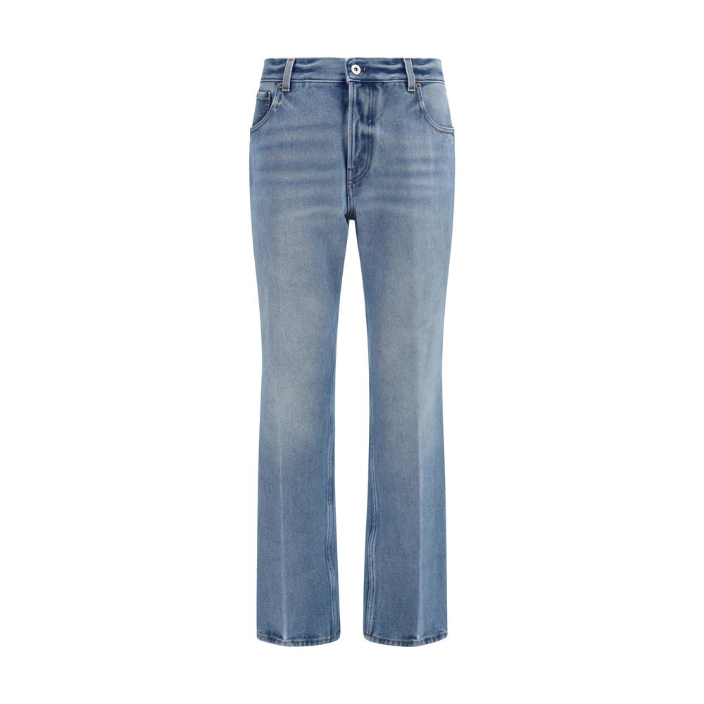 Blue Cotton Wide-Leg Jeans with Leather Detail