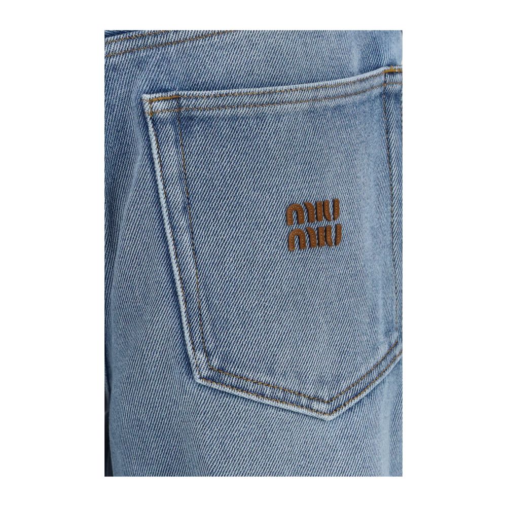 Blue Cotton Wide-Leg Jeans with Leather Logo Detail