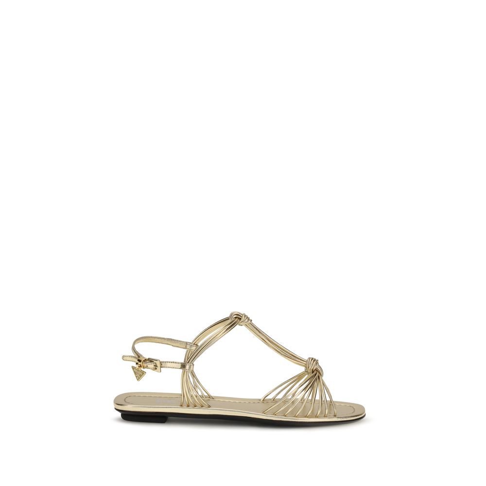 Gold Leather Flat Sandals with Metal Buckle