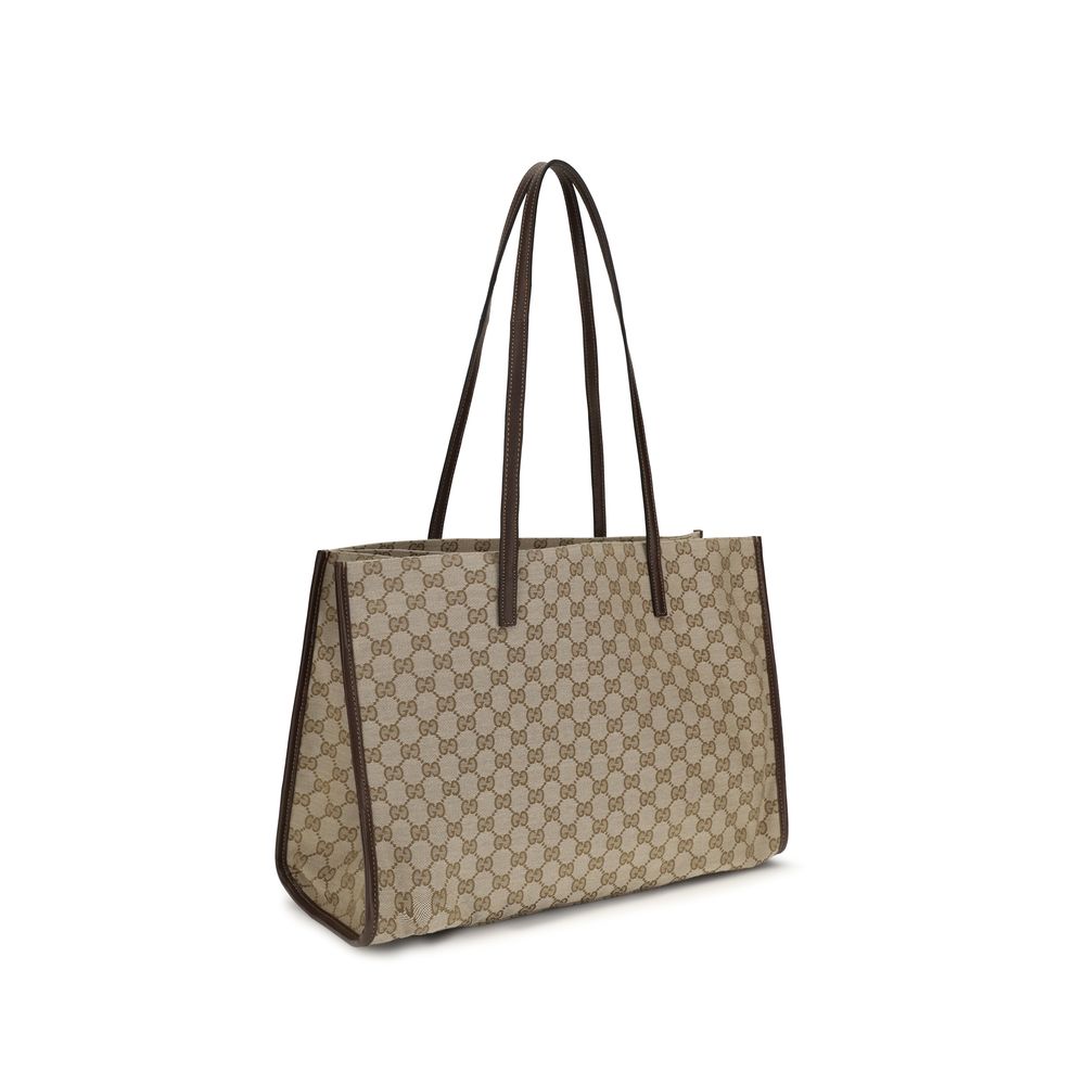 Beige Gucci Tote Bag with Leather Trim and Gold Hardware