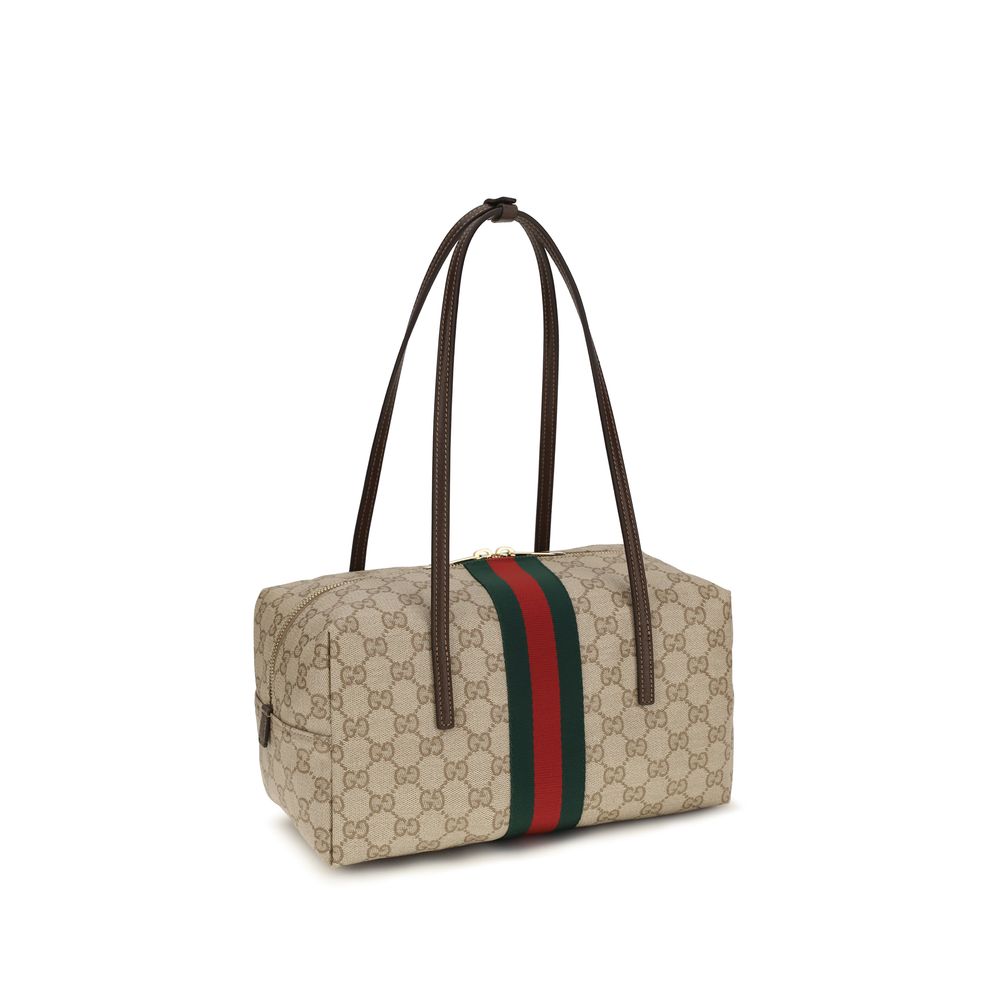 Beige Schultertasche aus Baumwolle mit Lederbesatz