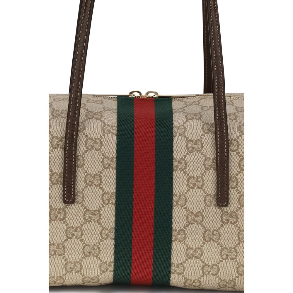 Beige Schultertasche aus Baumwolle mit Lederbesatz