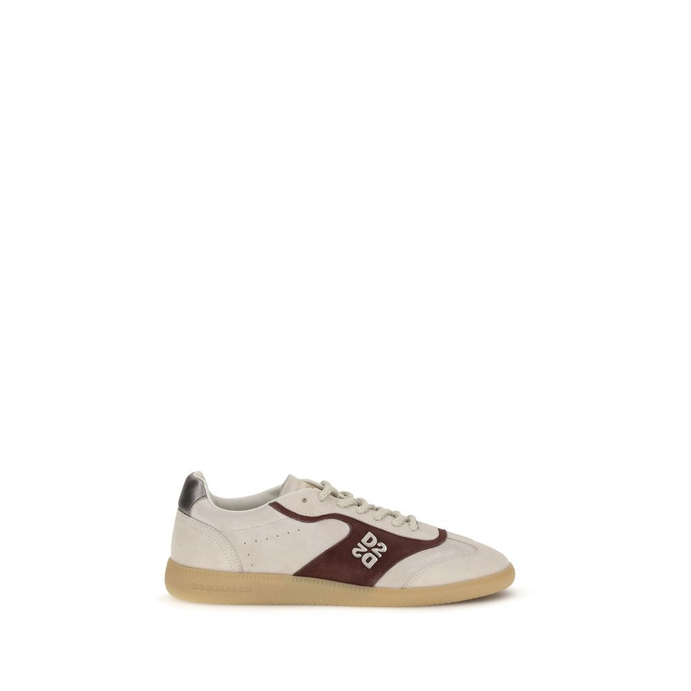 Beige Leather Low Top Sneakers with Silver Logo