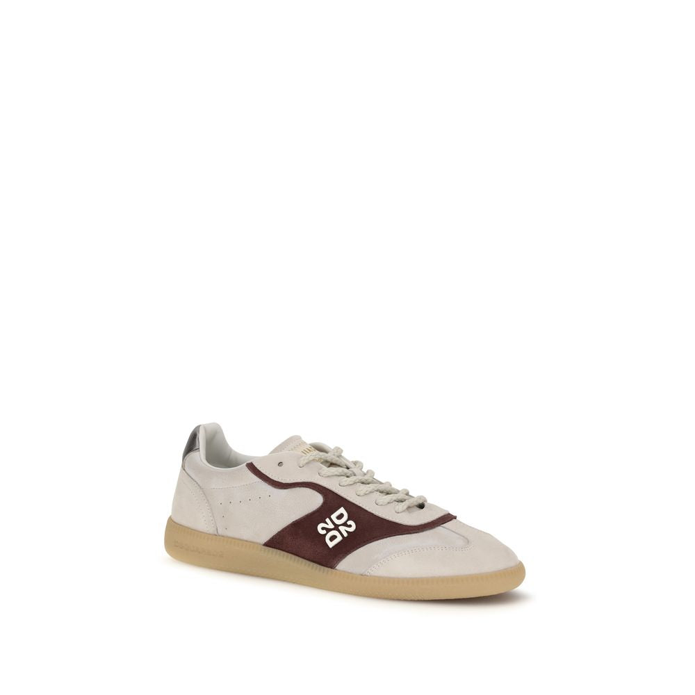 Beige Leather Low Top Sneakers with Silver Logo